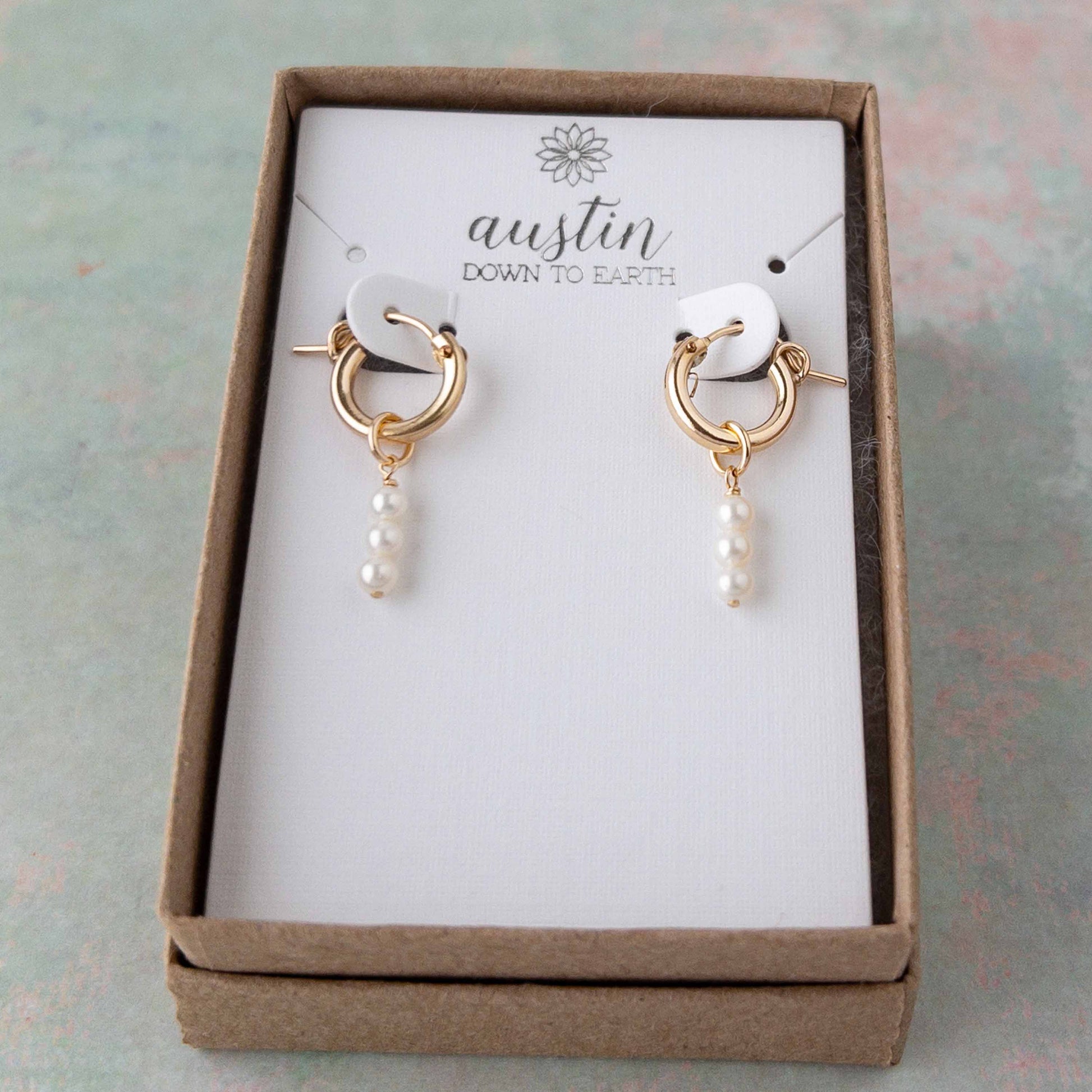 14k Gold Filled Huggie Hoops with Dangling Pearl Earrings.  Shown in Austin Down to Earth gift box. 
