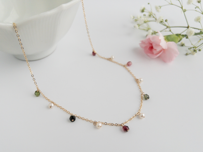 Watermelon Tourmaline and Pearl Dangle Necklace