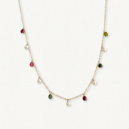 Watermelon Tourmaline and Pearl Dangle Necklace