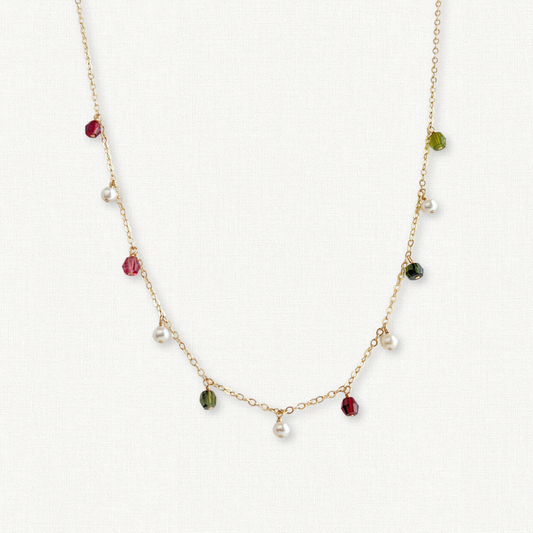 Watermelon Tourmaline and Pearl Dangle Necklace
