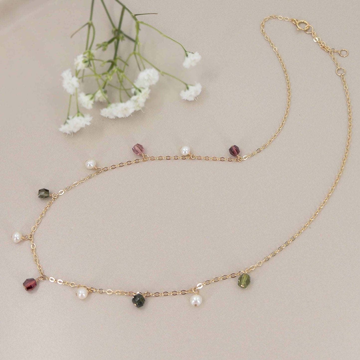 Watermelon Tourmaline and Pearl Dangle Necklace