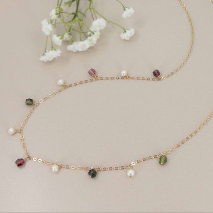 Watermelon Tourmaline and Pearl Dangle Necklace