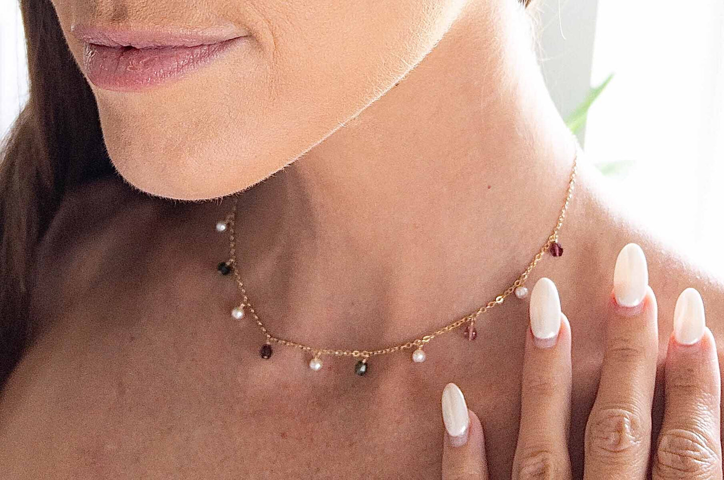 Watermelon Tourmaline and Pearl Dangle Necklace