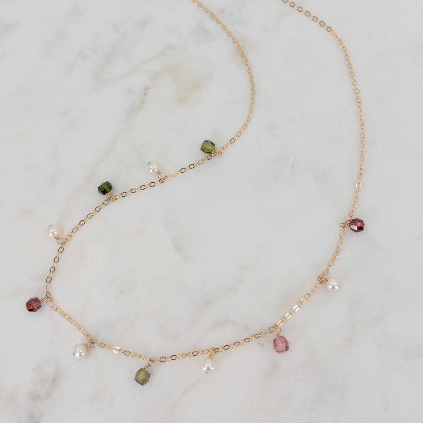 Watermelon Tourmaline and Pearl Dangle Necklace