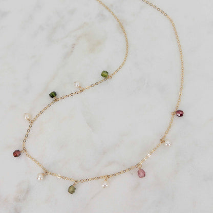 Watermelon Tourmaline and Pearl Dangle Necklace