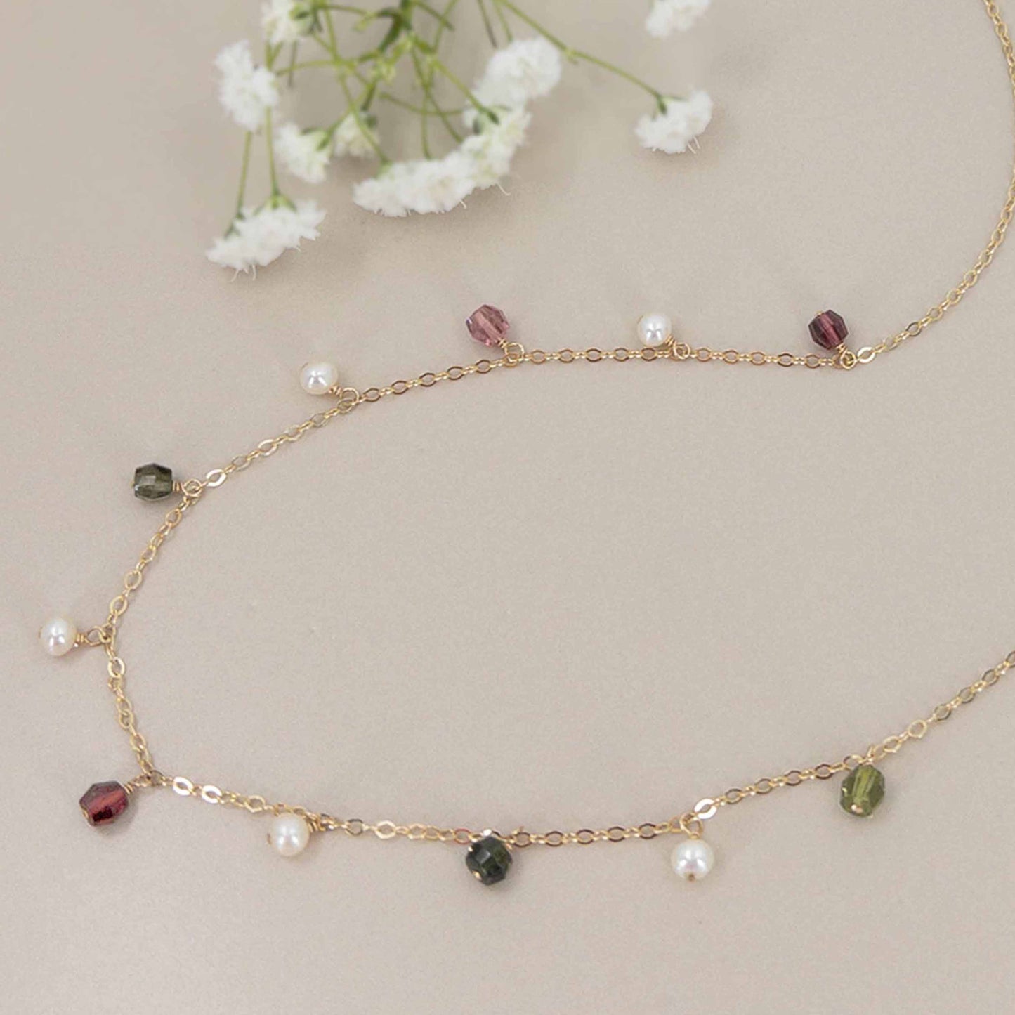 Watermelon Tourmaline and Pearl Dangle Necklace