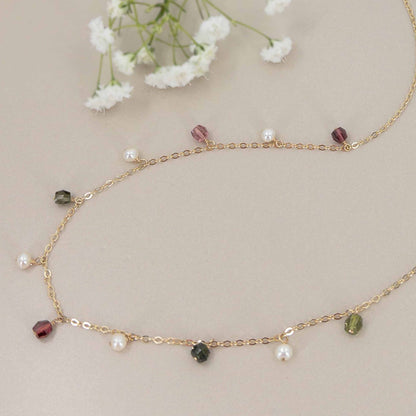 watermelon tourmaline necklace with freshwater pearls dangle from a 14k gold filled chain