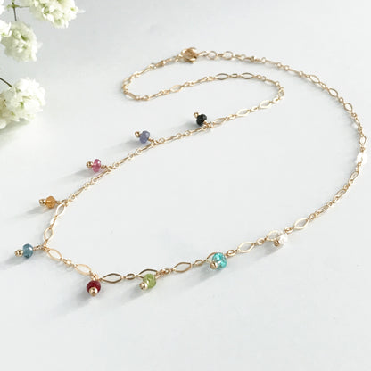 close up of dangling gemstone necklace availabe in 14k gold filled and sterling silver