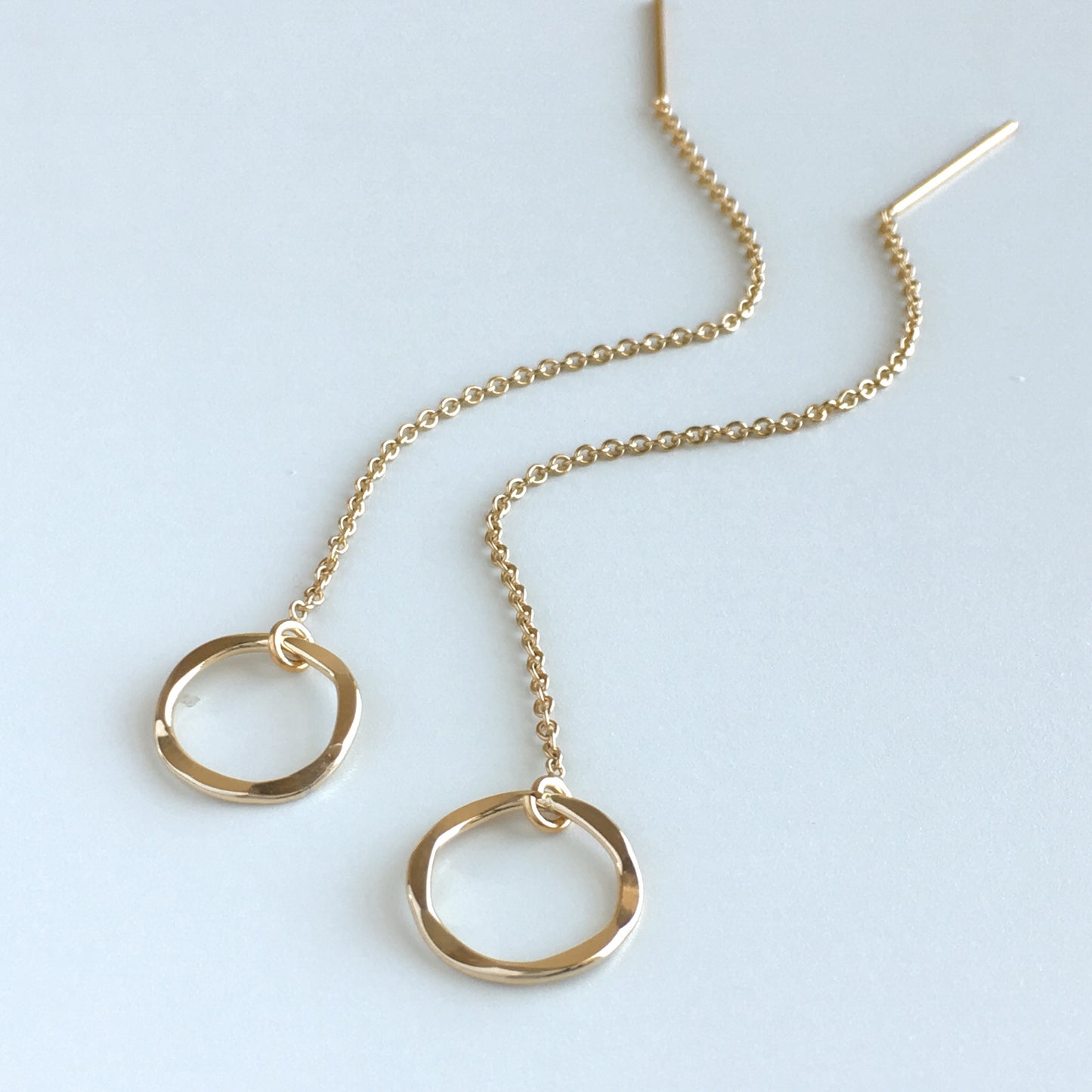 Hammered Circle Dainty Threader Earrings - 14k Gold Filled or Sterling Silver