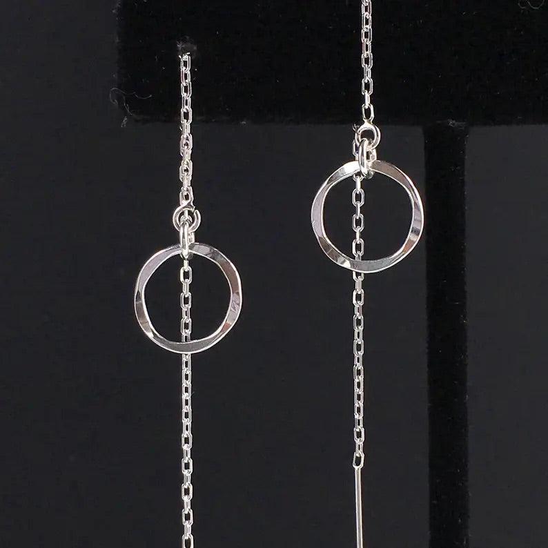 Hammered Circle Dainty Threader Earrings - 14k Gold Filled or Sterling Silver