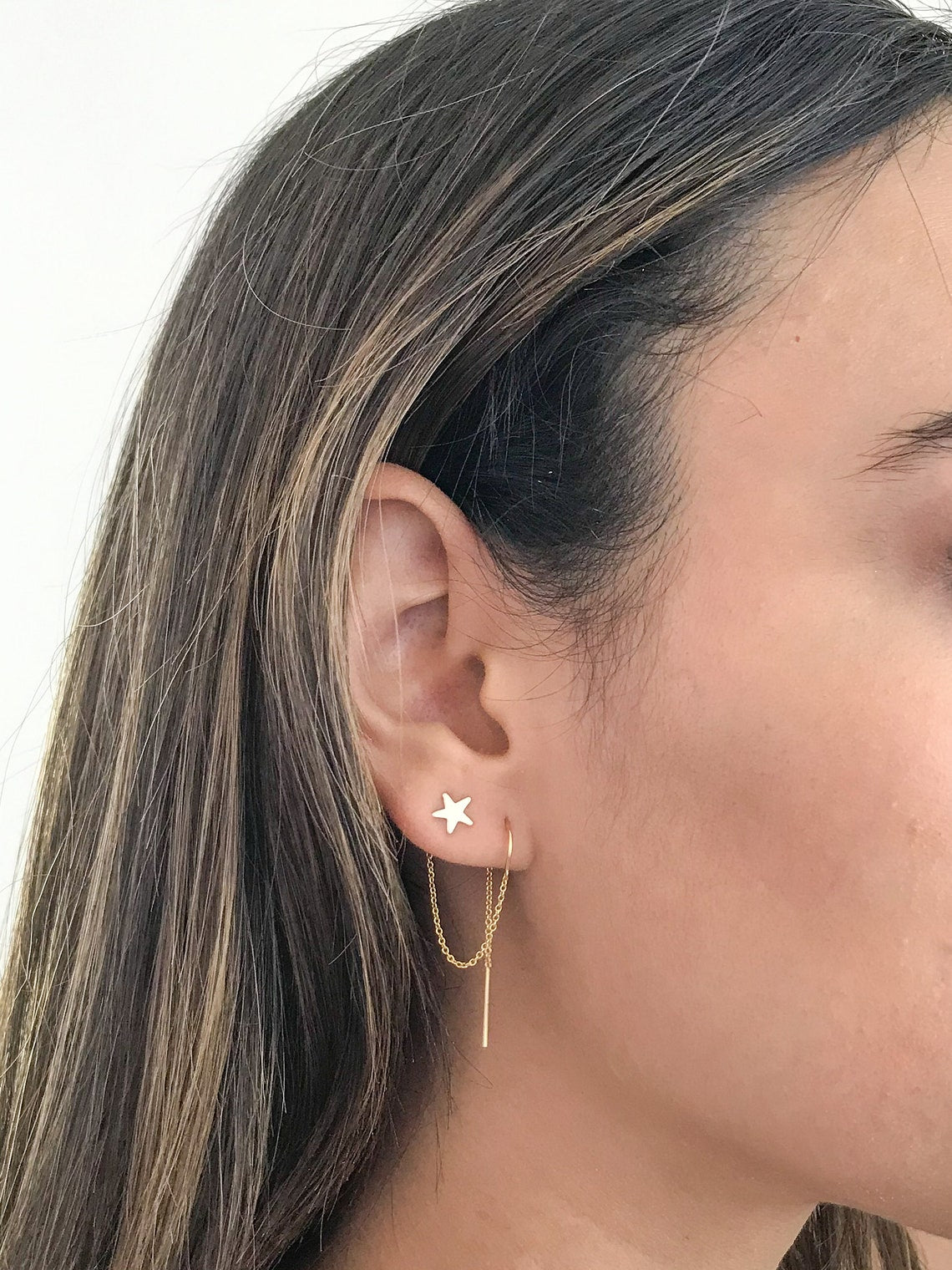 Buy Double Piercing Earring Star and Moon Earrings Multiple Piercing  Threader Earrings 14k Gold Fill Ear Threads Online in India - Etsy