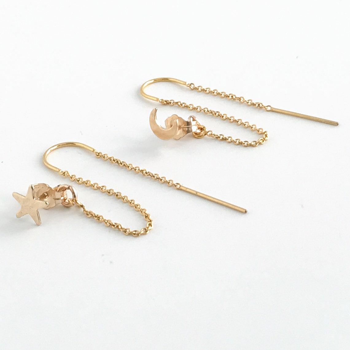 Star and Moon Double Piercing Threader Earrings - 14k Gold Filled