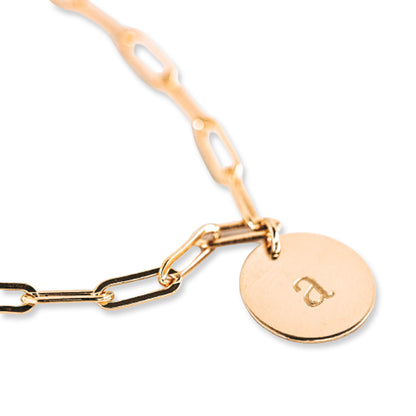 14k gold filled paperclip chain bracelet with engraved letter